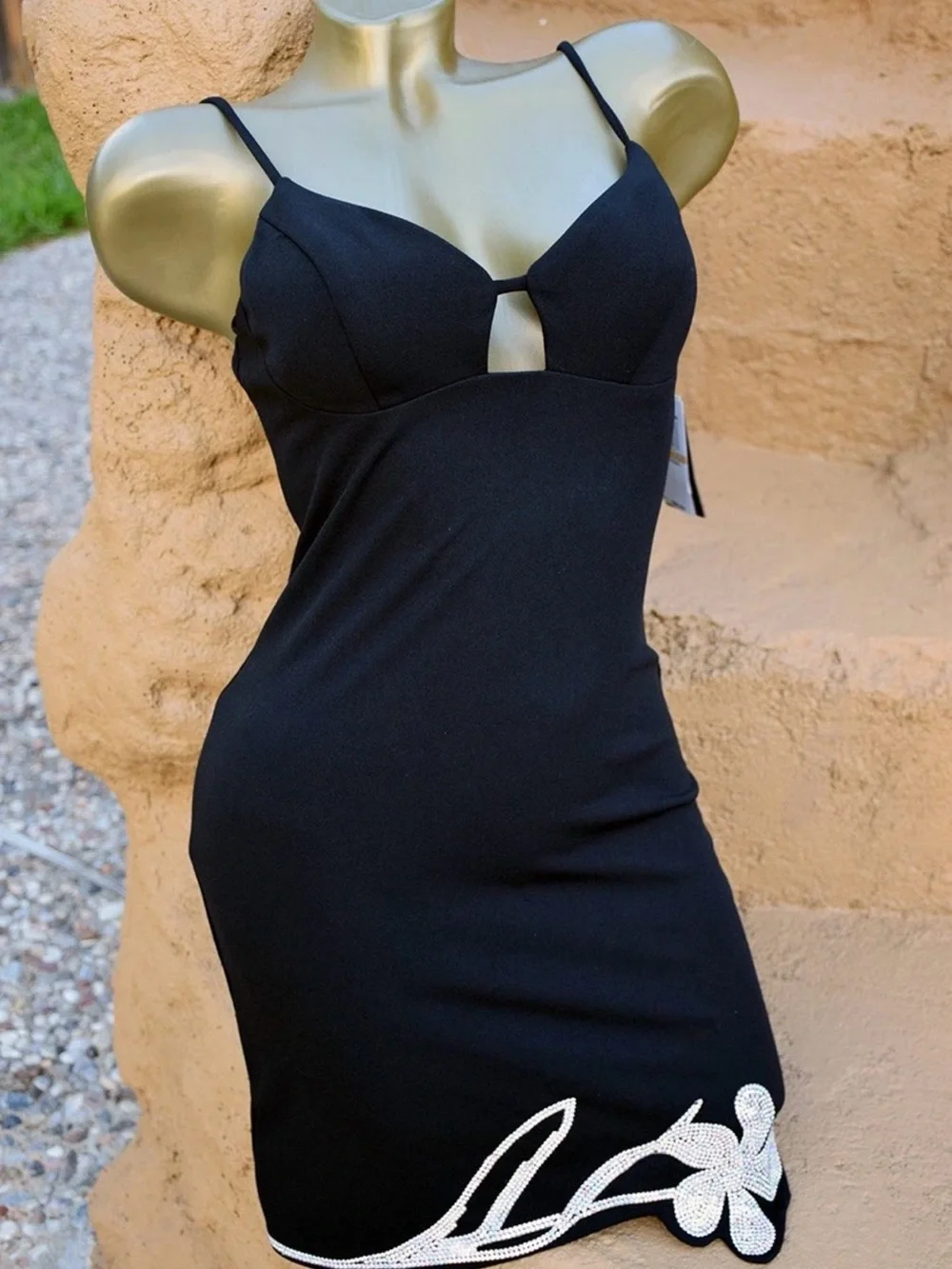 NWT City Studio Black RhinstonSpaghetti-Strap Bodycon Dress with Embellished Hem
